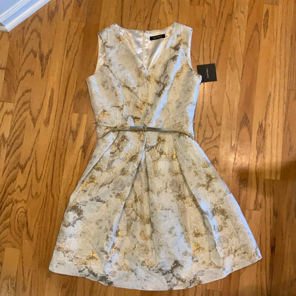 NWT Ellen Tracy Cream & Gold Aline MIDI Dress!